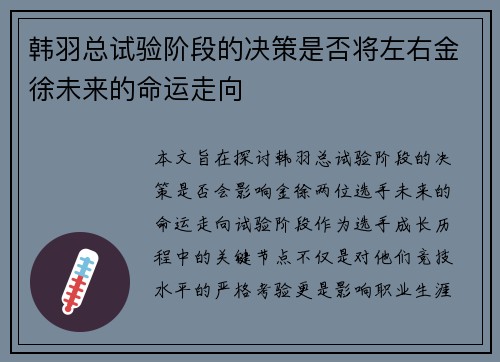 韩羽总试验阶段的决策是否将左右金徐未来的命运走向