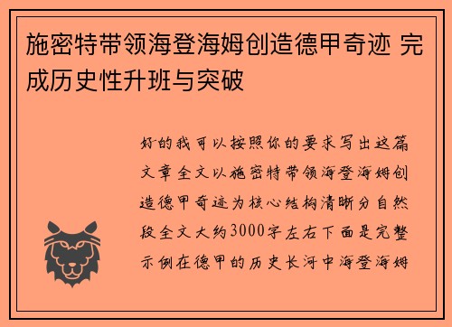 施密特带领海登海姆创造德甲奇迹 完成历史性升班与突破