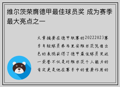 维尔茨荣膺德甲最佳球员奖 成为赛季最大亮点之一 维尔茨荣膺德甲最佳球员奖 成为赛季最大亮点之一