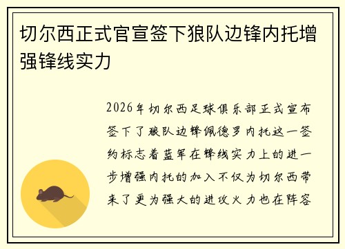切尔西正式官宣签下狼队边锋内托增强锋线实力