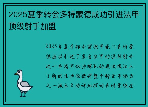 2025夏季转会多特蒙德成功引进法甲顶级射手加盟